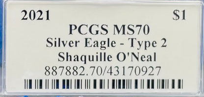 2021 $1 American Silver Eagle PCGS MS70 NBA Hall of Fame Shaquille O'Neal Signed Mint Condition 1 of 118