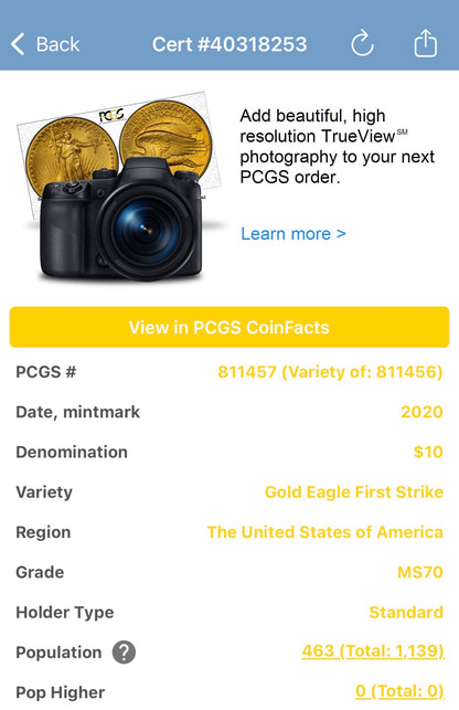 2020 $10 American Gold Eagle PCGS MS70 First Strike Flag Label (Rare 1 of 426)