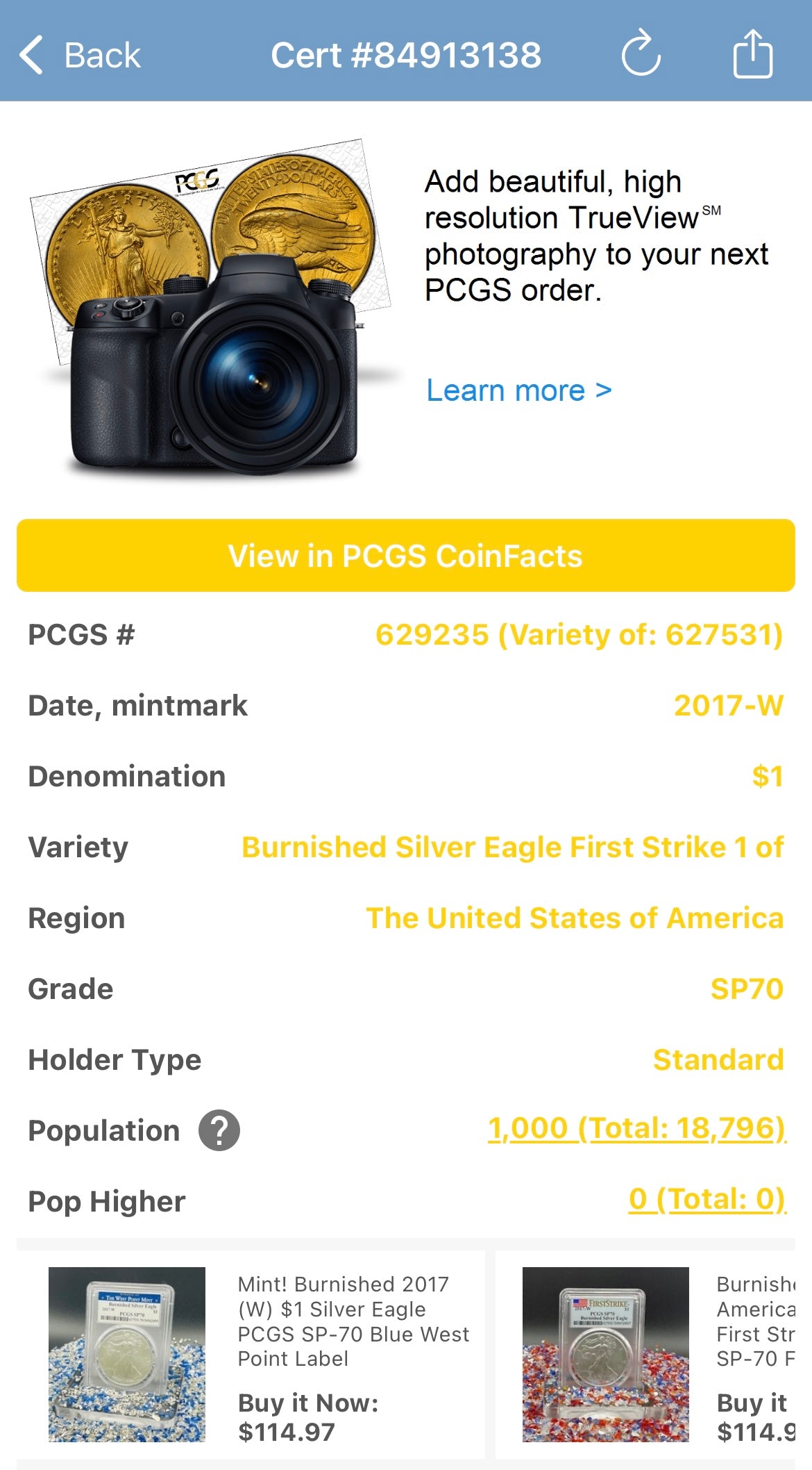 Burnished 2017 (W) $1 American Silver Eagle PCGS SP70 First Strike Rare 225th Anniversary Label Mint Condition (1 of 1,000)