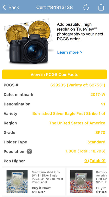 Burnished 2017 (W) $1 American Silver Eagle PCGS SP70 First Strike Rare 225th Anniversary Label Mint Condition (1 of 1,000)