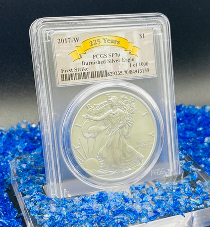 Burnished 2017 (W) $1 American Silver Eagle PCGS SP70 First Strike Rare 225th Anniversary Label (1 of 1,000)