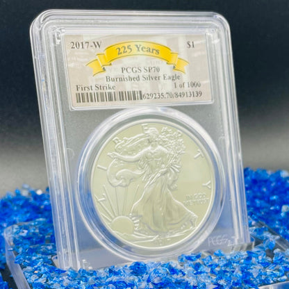 Burnished 2017 (W) $1 American Silver Eagle PCGS SP70 First Strike Rare 225th Anniversary Label (1 of 1,000)