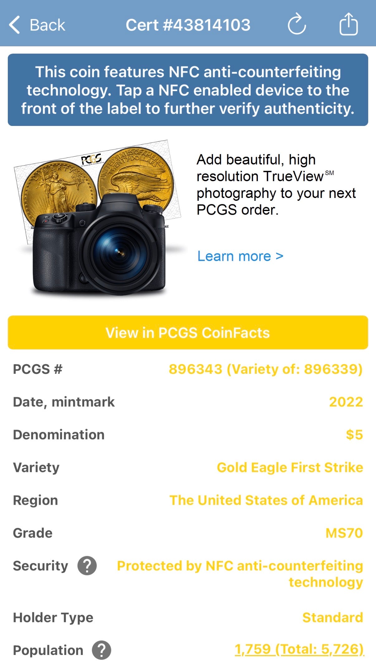 2022 $5 American Gold Eagle PCGS MS70 First Strike Flag Label (Rare 1 of 1,761)