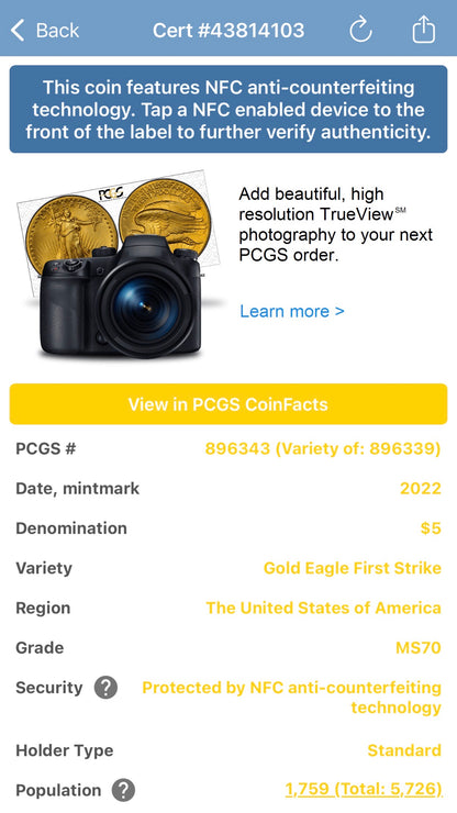 2022 $5 American Gold Eagle PCGS MS70 First Strike Flag Label (Rare 1 of 1,761)