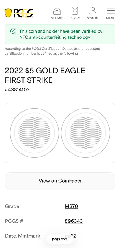 2022 $5 American Gold Eagle PCGS MS70 First Strike Flag Label (Rare 1 of 1,761)