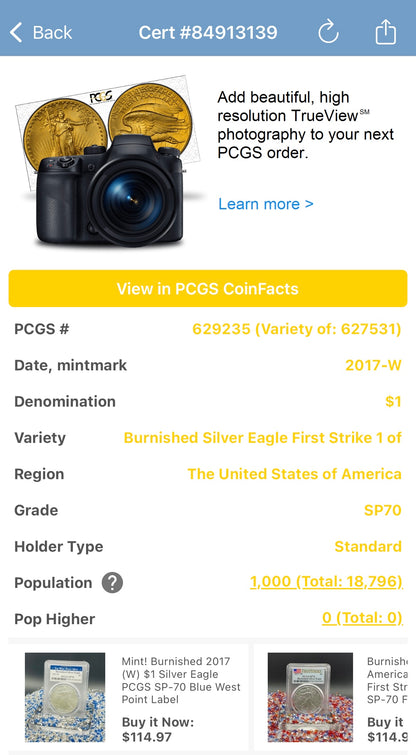 Burnished 2017 (W) $1 American Silver Eagle PCGS SP70 First Strike Rare 225th Anniversary Label (1 of 1,000)