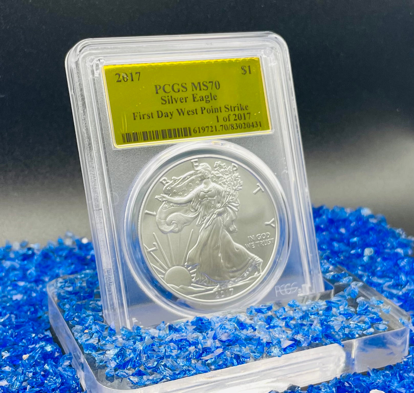 2017 $1 (W) American Silver Eagle PCGS MS70 First Day of Issue Gold Foil Label (Rare 1 of 2,017)