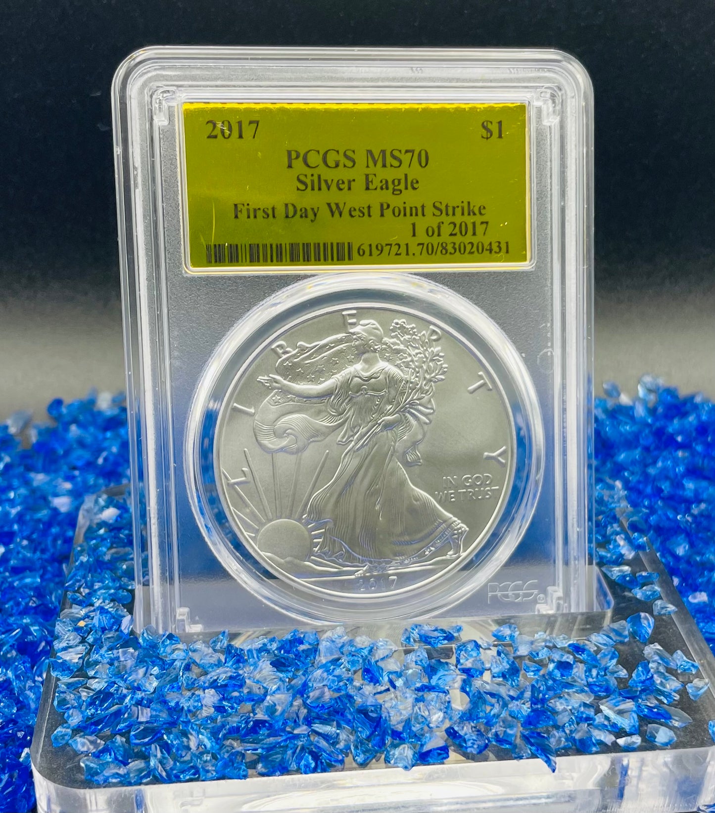 2017 $1 (W) American Silver Eagle PCGS MS70 First Day of Issue Gold Foil Label (Rare 1 of 2,017)