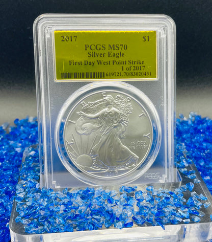 2017 $1 (W) American Silver Eagle PCGS MS70 First Day of Issue Gold Foil Label (Rare 1 of 2,017)