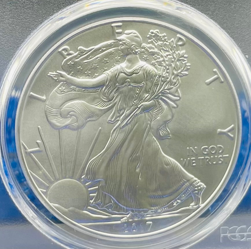 2017 $1 (W) American Silver Eagle PCGS MS70 First Day of Issue Gold Foil Label (Rare 1 of 2,017)