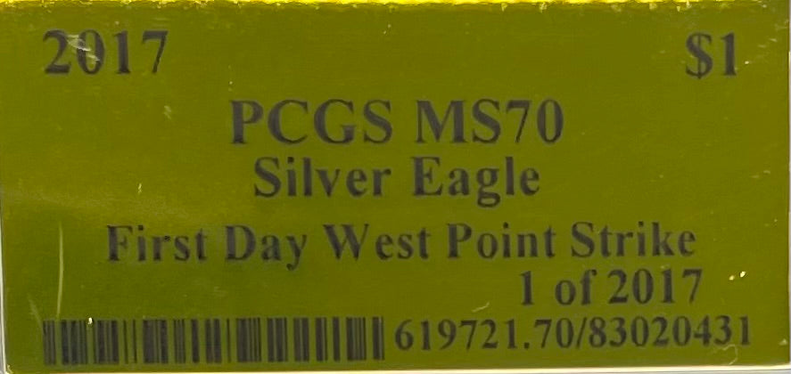 2017 $1 (W) American Silver Eagle PCGS MS70 First Day of Issue Gold Foil Label (Rare 1 of 2,017)