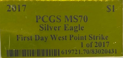 2017 $1 (W) American Silver Eagle PCGS MS70 First Day of Issue Gold Foil Label (Rare 1 of 2,017)
