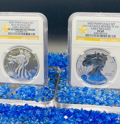 Reverse Proof & Enhanced Finish (2 Coin Set) 2013 (W) $1 American Silver Eagle NGC PF69 White Core Holder West Point Gold Star Label