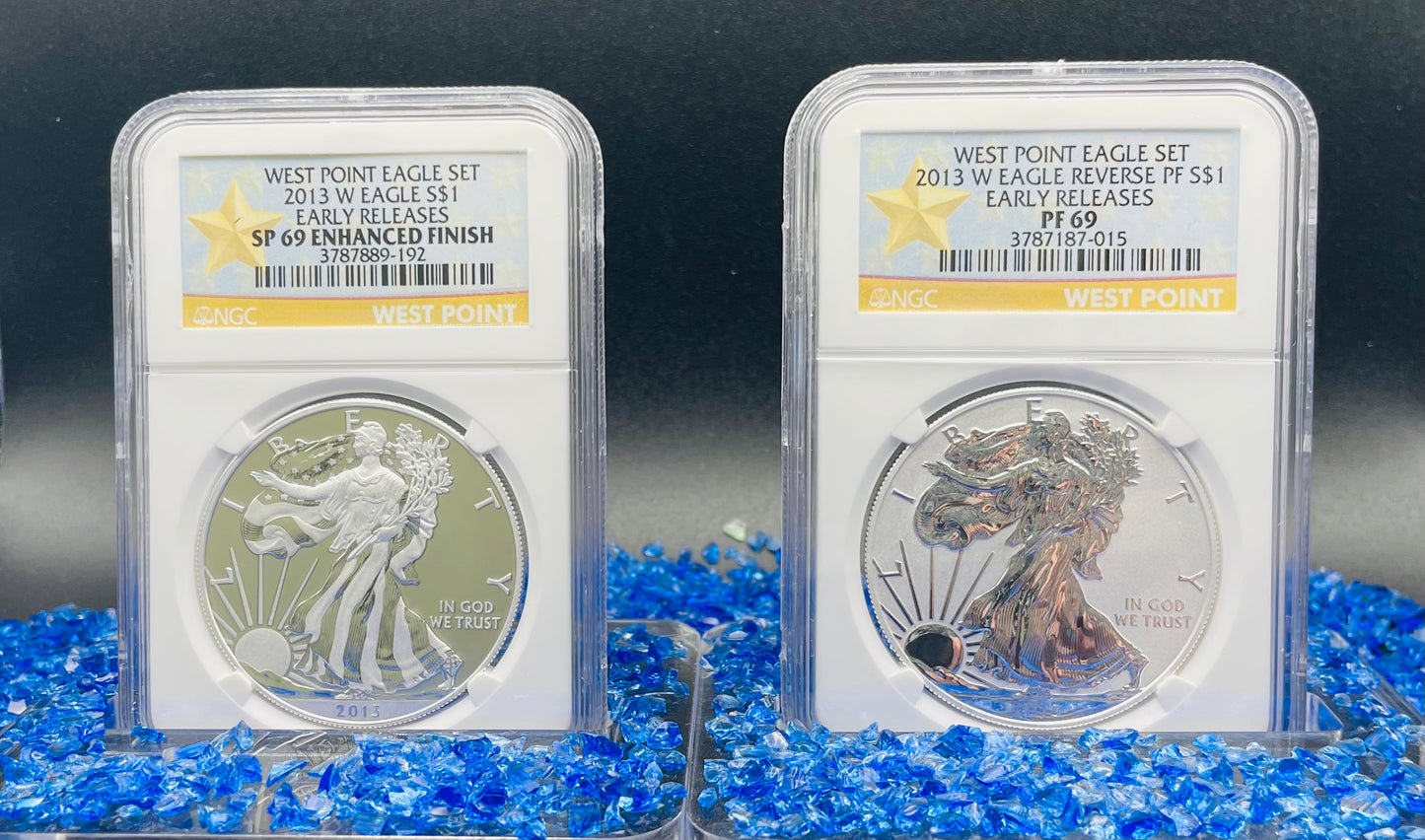 Reverse Proof & Enhanced Finish (2 Coin Set) 2013 (W) $1 American Silver Eagle NGC PF69 White Core Holder West Point Gold Star Label