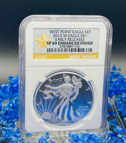 Reverse Proof & Enhanced Finish (2 Coin Set) 2013 (W) $1 American Silver Eagle NGC PF69 White Core Holder West Point Gold Star Label