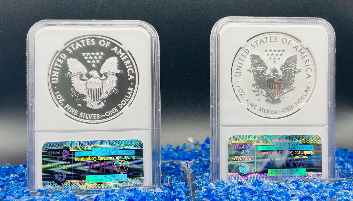 Reverse Proof & Enhanced Finish (2 Coin Set) 2013 (W) $1 American Silver Eagle NGC PF69 White Core Holder West Point Gold Star Label