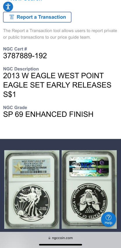 Reverse Proof & Enhanced Finish (2 Coin Set) 2013 (W) $1 American Silver Eagle NGC PF69 White Core Holder West Point Gold Star Label