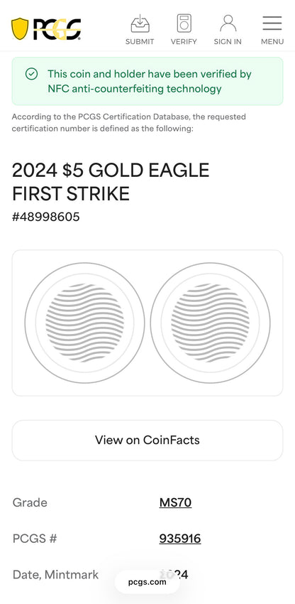 2024 $5 American Gold Eagle PCGS MS70 First Strike Flag Label (Rare 1 of 1,232)