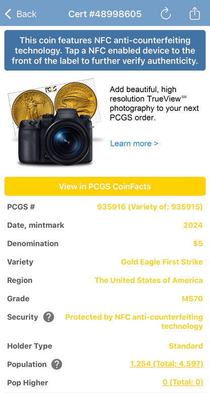 2024 $5 American Gold Eagle PCGS MS70 First Strike Flag Label (Rare 1 of 1,232)