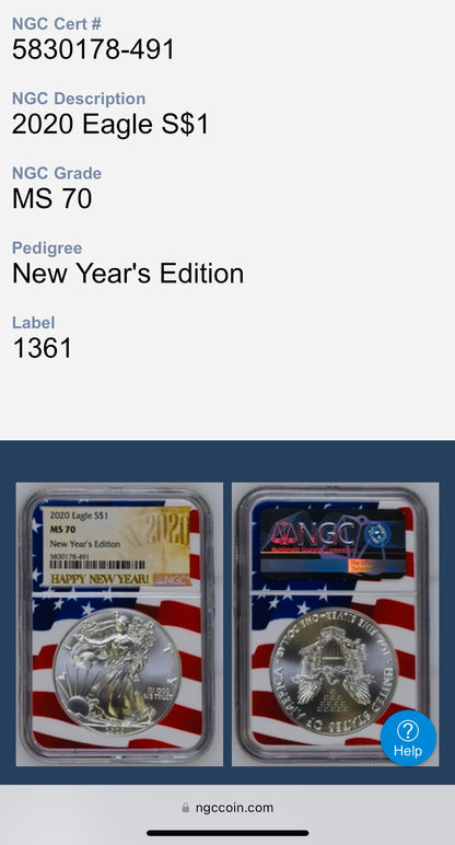 2020 $1 American Silver Eagle NGC MS70 New Years Edition Ultra Rare Holder & Label Mint Condition