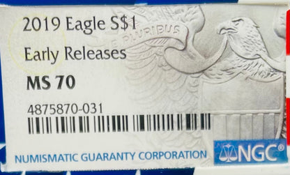 2019 $1 American Silver Eagle NGC MS70 Early Releases Ultra Rare Holder & Label Mint Condition