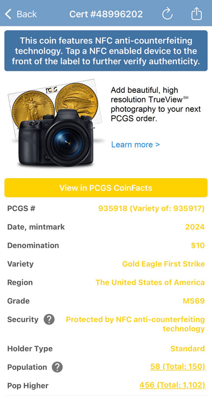 2024 $10 American Gold Eagle PCGS MS69 First Strike Flag Label (Rare 1 of 58)