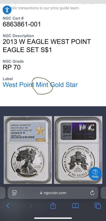 Reverse Proof 2013 (W) $1 American Silver Eagle NGC PF70 OFFICIAL US MINT SET Original West Point Gold Star Label Rare Mint Condition