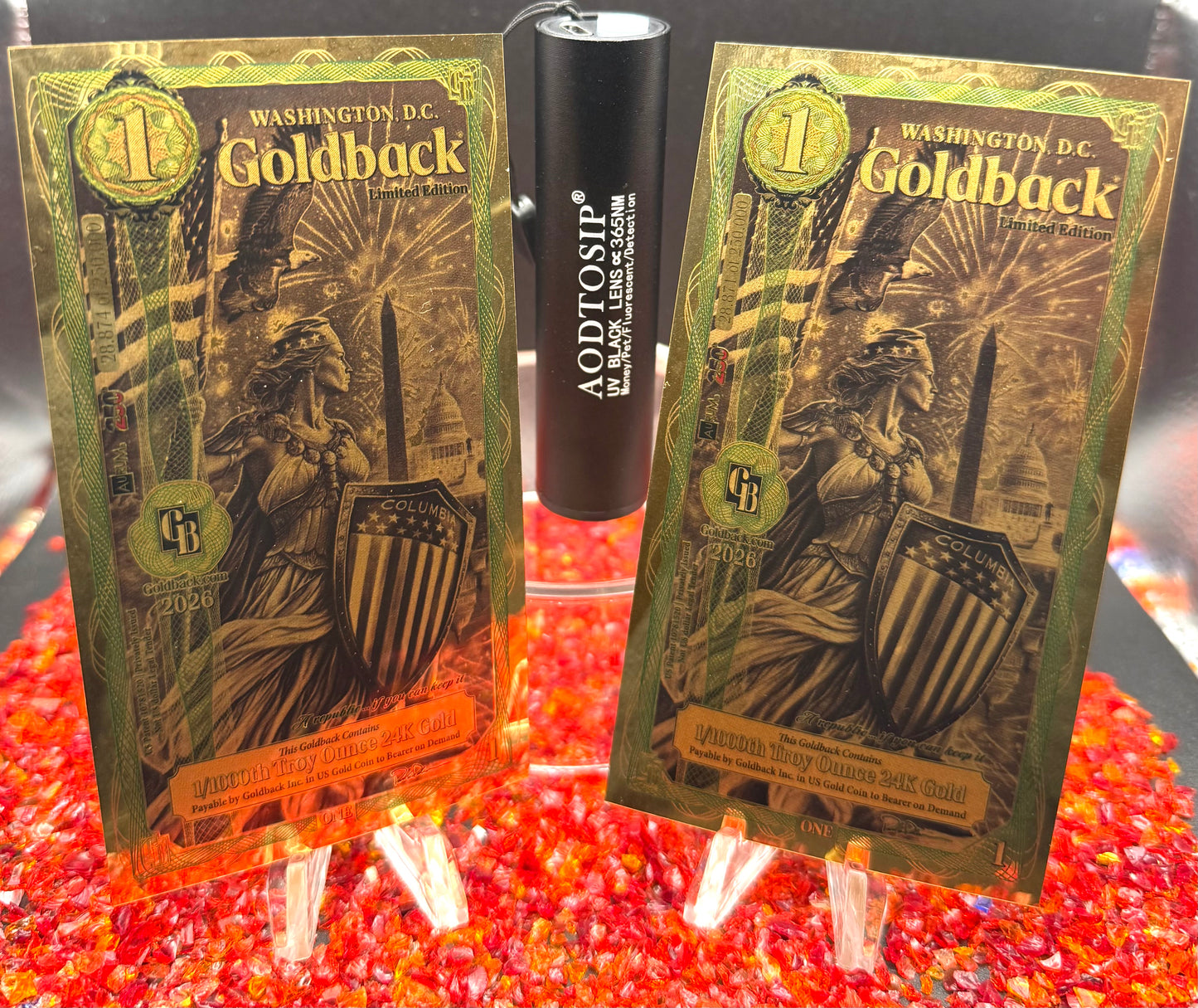 1/500 OZT 24K GOLD WASHINGTON DC GOLDBACK AURUM NOTES ALPHA + UV LIGHT + SLEEVE