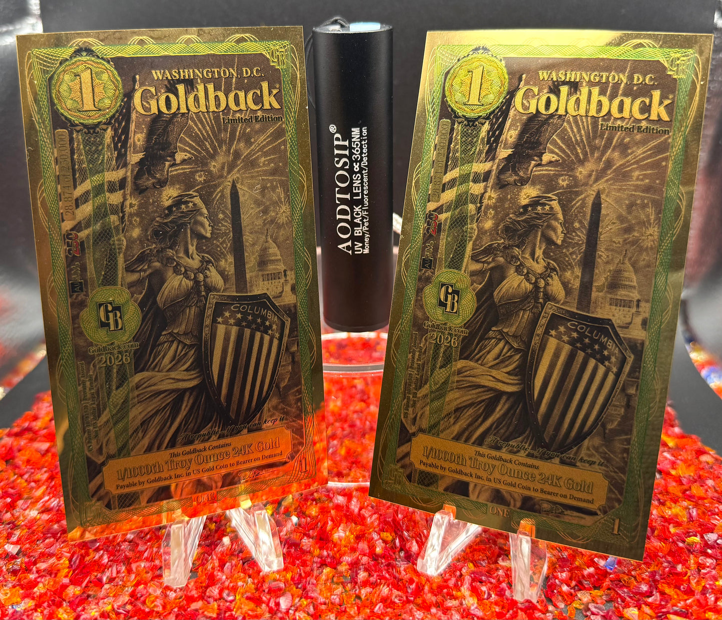 1/500 OZT 24K GOLD WASHINGTON DC GOLDBACK AURUM NOTES ALPHA + UV LIGHT + SLEEVE
