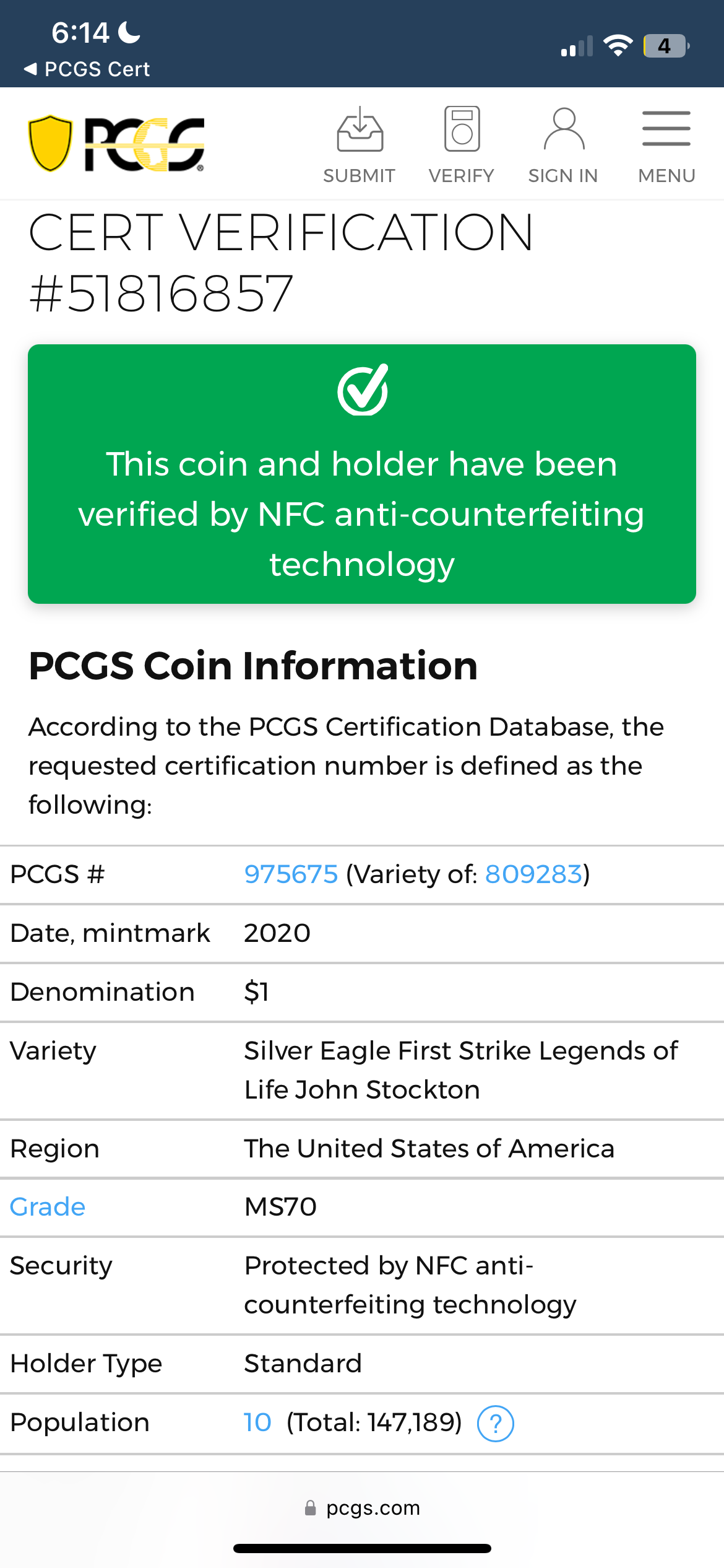 2020 $1 American Silver Eagle PCGS MS70 First Strike Legends of Life NBA Hall of Fame John Stockton Signed Label Mint Condition(1 of 10)
