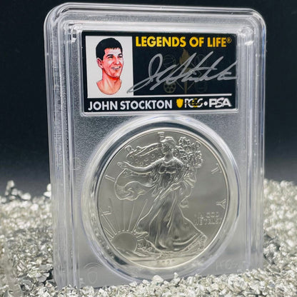 2020 $1 American Silver Eagle PCGS MS70 First Strike Legends of Life NBA Hall of Fame John Stockton Signed Label Mint Condition(1 of 10)
