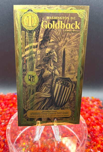 1/500 OZT 24K GOLD WASHINGTON DC GOLDBACK AURUM NOTES ALPHA + UV LIGHT + SLEEVE