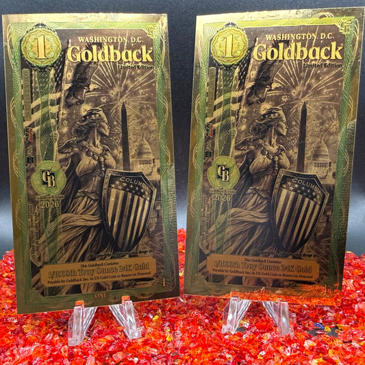 1/500 OZT 24K GOLD WASHINGTON DC GOLDBACK AURUM NOTES ALPHA + SLEEVE