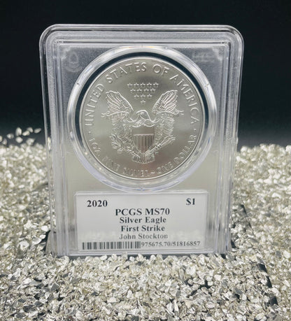 2020 $1 American Silver Eagle PCGS MS70 First Strike Legends of Life NBA Hall of Fame John Stockton Signed Label Mint Condition(1 of 10)