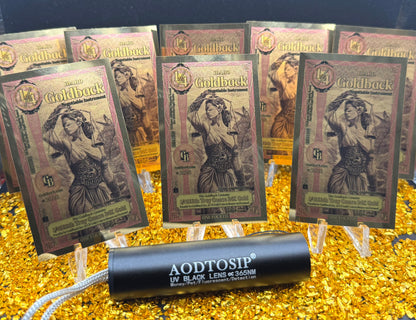 1/500 OZT 24K GOLD 8 x 1/4 IDAHO GOLDBACK AURUM NOTES ALPHA + UV LIGHT + SLEEVE