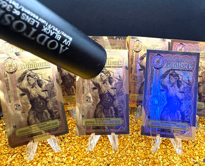 1/500 OZT 24K GOLD 8 x 1/4 IDAHO GOLDBACK AURUM NOTES ALPHA + UV LIGHT + SLEEVE