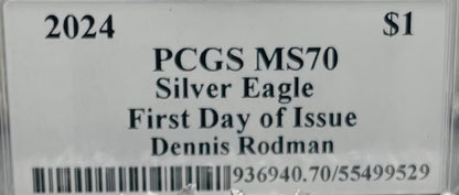 2024 $1 American Silver Eagle PCGS MS70 FDOI Legends of Life NBA Hall of Fame Dennis Rodman Signed (Rare 1 of 20)