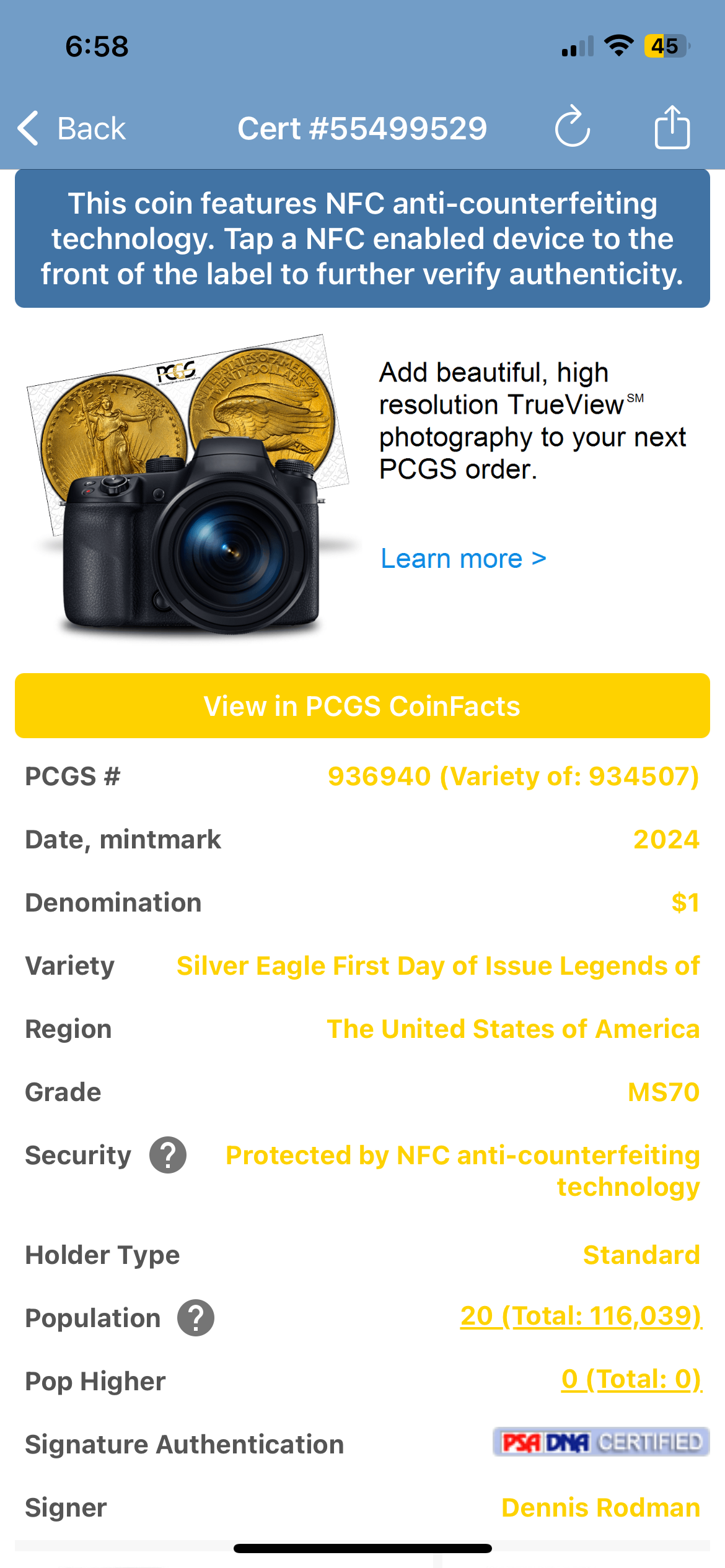 2024 $1 American Silver Eagle PCGS MS70 FDOI Legends of Life NBA Hall of Fame Dennis Rodman Signed (Rare 1 of 20)