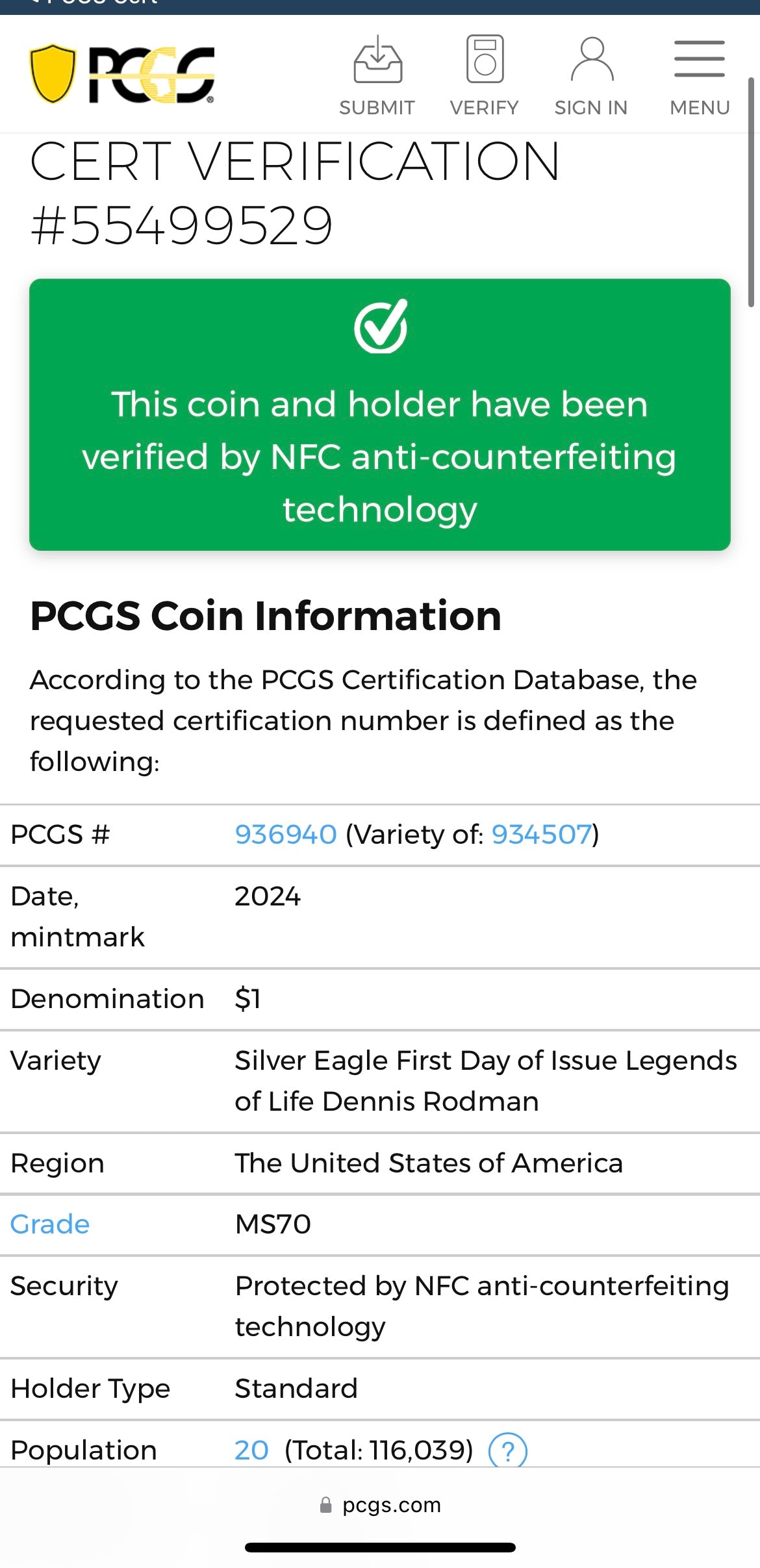 2024 $1 American Silver Eagle PCGS MS70 FDOI Legends of Life NBA Hall of Fame Dennis Rodman Signed (Rare 1 of 20)