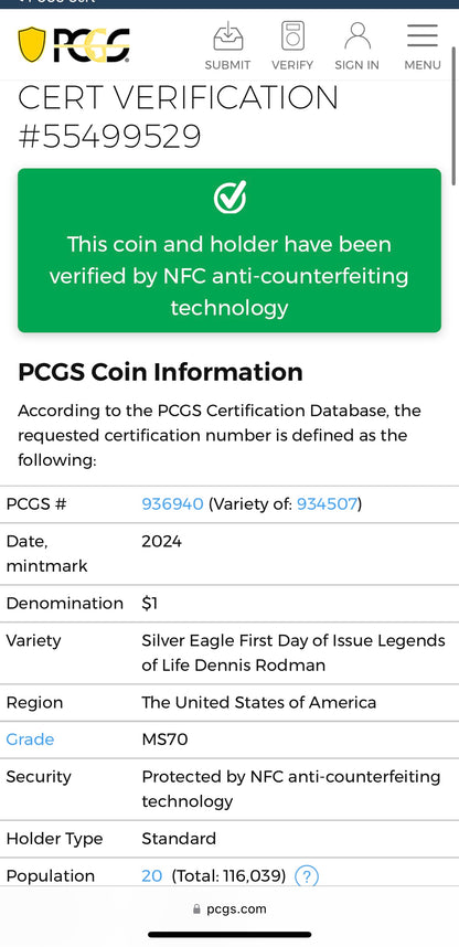 2024 $1 American Silver Eagle PCGS MS70 FDOI Legends of Life NBA Hall of Fame Dennis Rodman Signed (Rare 1 of 20)