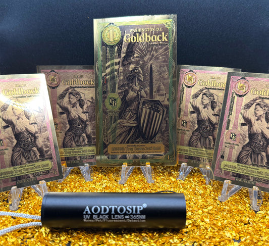 1/500 OZT 24K 1x1 WASHINGTON DC 4 x 1/4 IDAHO GOLDBACK AURUM NOTE ALPHA + SLEEVE + UV LIGHT