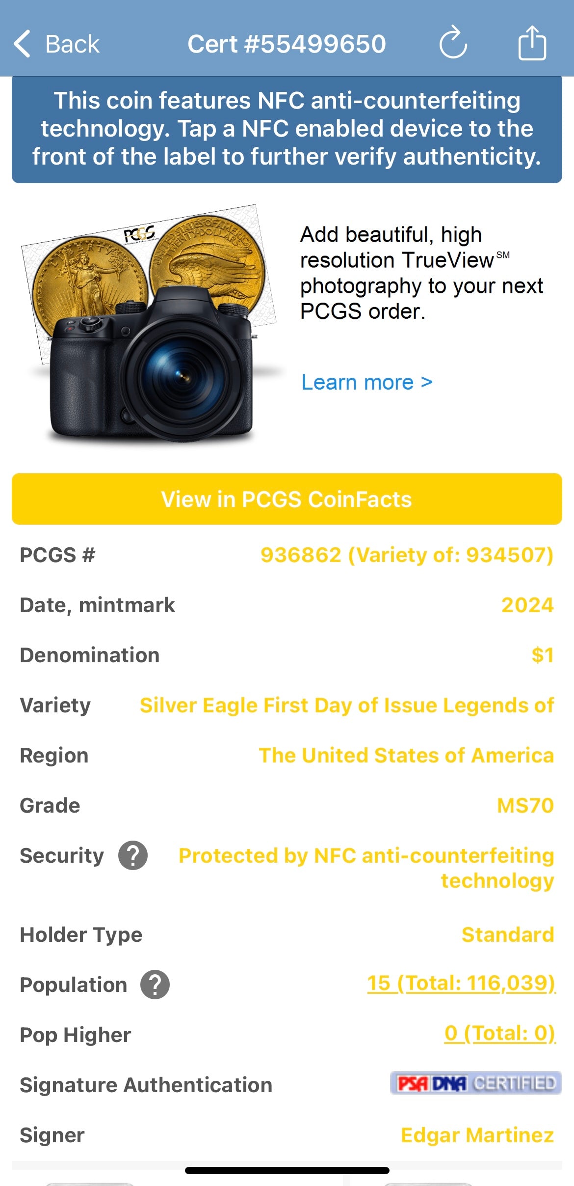 2024 $1 American Silver Eagle PCGS MS70 FDOI Legends of Life MLB Hall of Fame Edgar Martinez Signed Label Mint Condition (Rare 1 of 15)