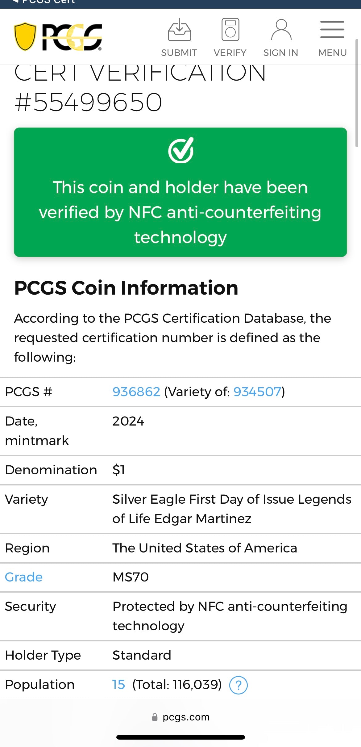 2024 $1 American Silver Eagle PCGS MS70 FDOI Legends of Life MLB Hall of Fame Edgar Martinez Signed Label Mint Condition (Rare 1 of 15)