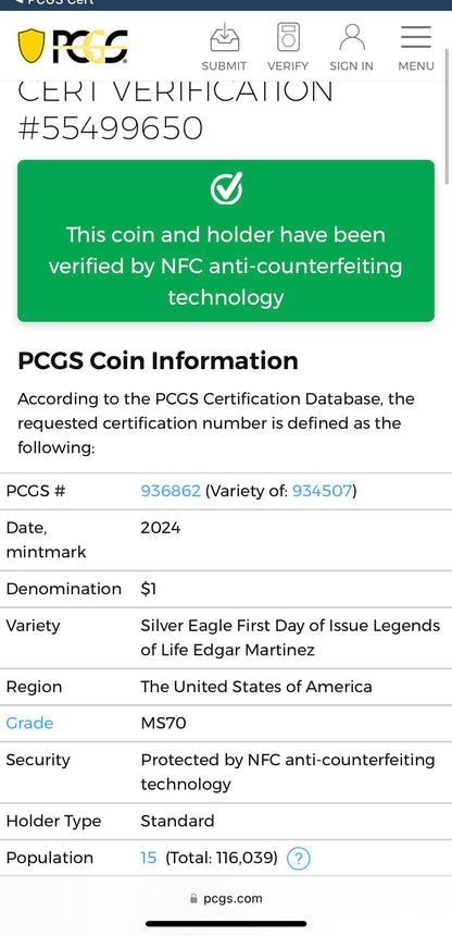 2024 $1 American Silver Eagle PCGS MS70 FDOI Legends of Life MLB Hall of Fame Edgar Martinez Signed Label Mint Condition (Rare 1 of 15)