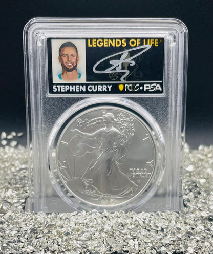 2024 $1 American Silver Eagle PCGS MS70 FDOI Legends of Life NBA Hall of Fame Stephen Curry Signed Label Mint Condition (Rare 1 of 20)