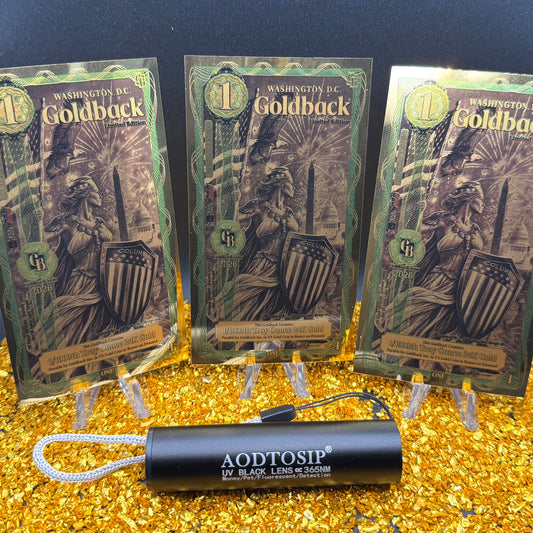 1/333 OZT 24K GOLD WASHINGTON DC GOLDBACK AURUM NOTES ALPHA + UV LIGHT + SLEEVE