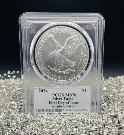 2024 $1 American Silver Eagle PCGS MS70 FDOI Legends of Life NBA Hall of Fame Stephen Curry Signed Label Mint Condition (Rare 1 of 20)