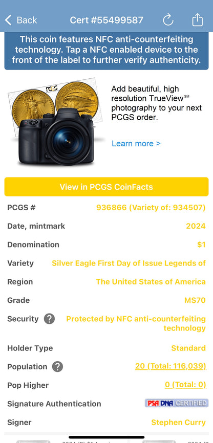 2024 $1 American Silver Eagle PCGS MS70 FDOI Legends of Life NBA Hall of Fame Stephen Curry Signed Label Mint Condition (Rare 1 of 20)