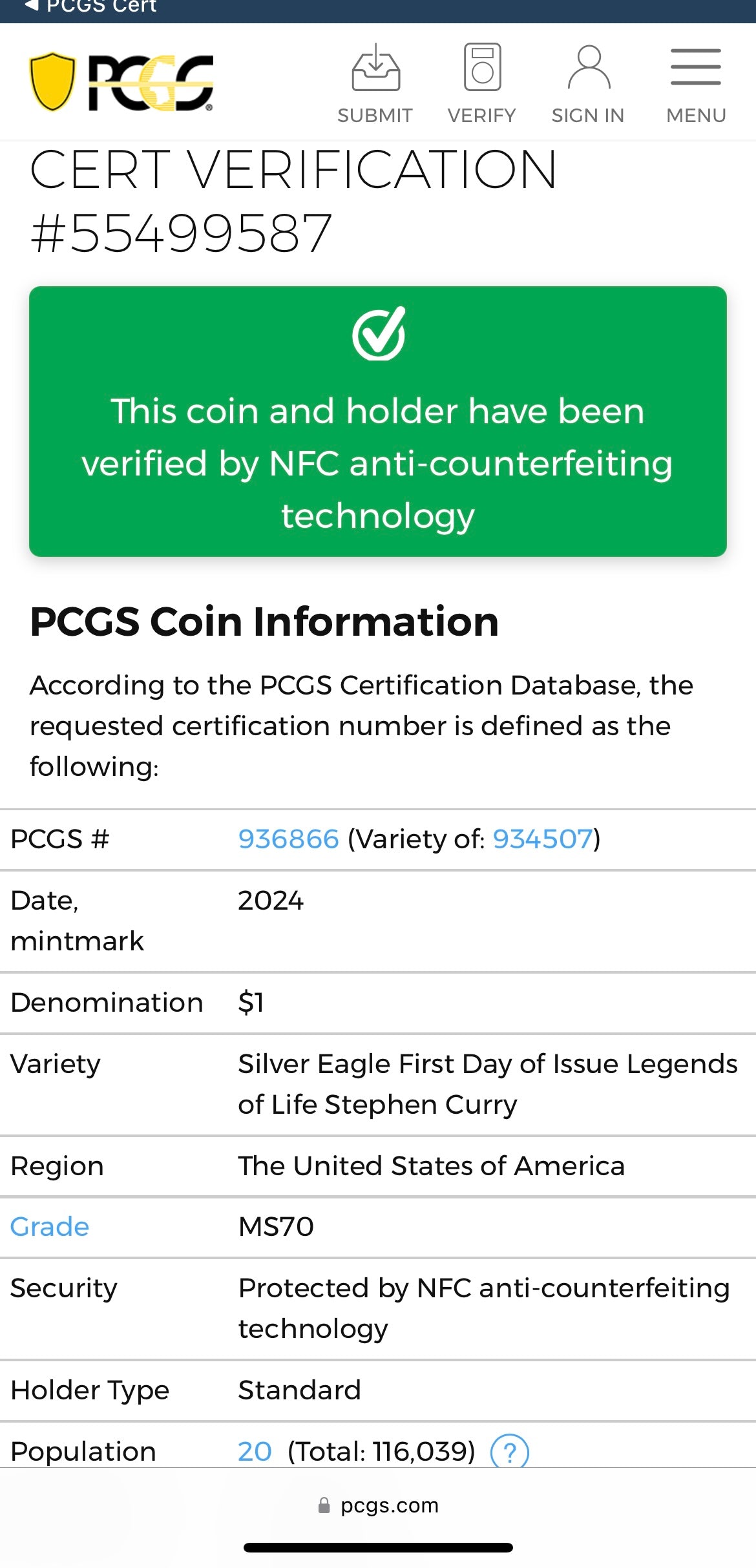 2024 $1 American Silver Eagle PCGS MS70 FDOI Legends of Life NBA Hall of Fame Stephen Curry Signed Label Mint Condition (Rare 1 of 20)