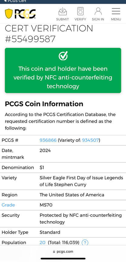 2024 $1 American Silver Eagle PCGS MS70 FDOI Legends of Life NBA Hall of Fame Stephen Curry Signed Label Mint Condition (Rare 1 of 20)